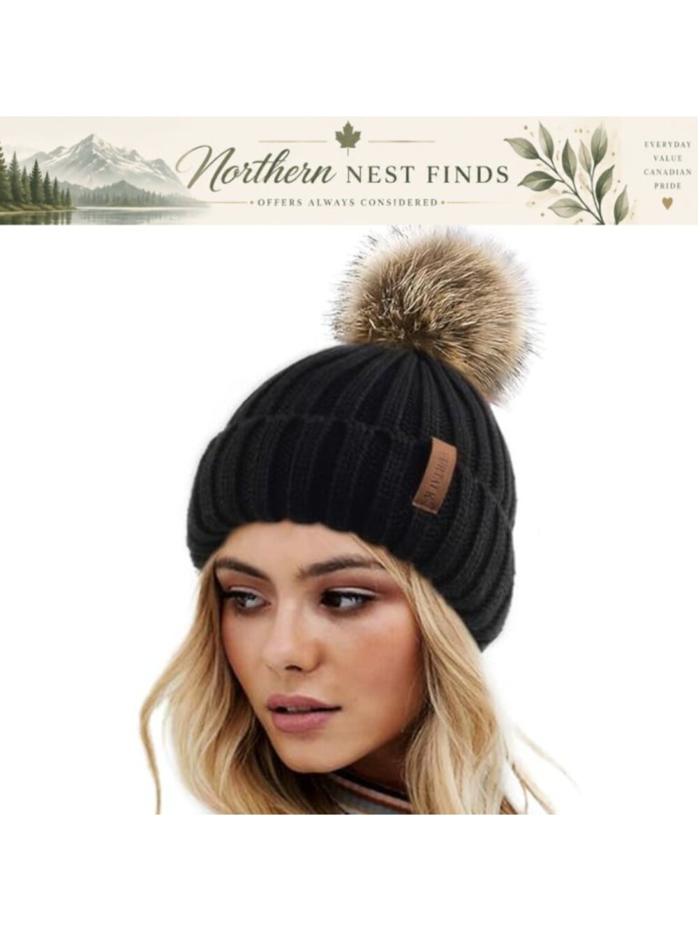 Winter Knitted Beanie Hat with Faux Fur Pom Warm Knit Skull Cap